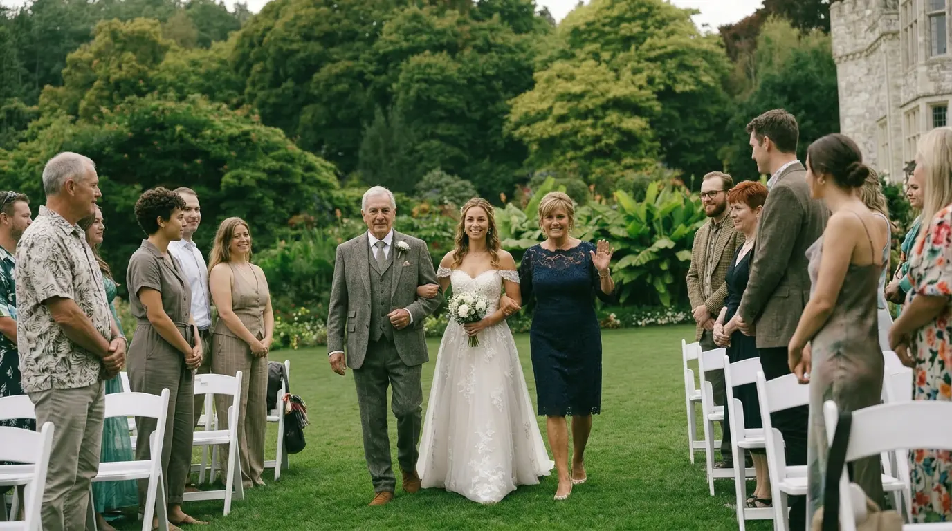 Bride walking down aisle with parents
